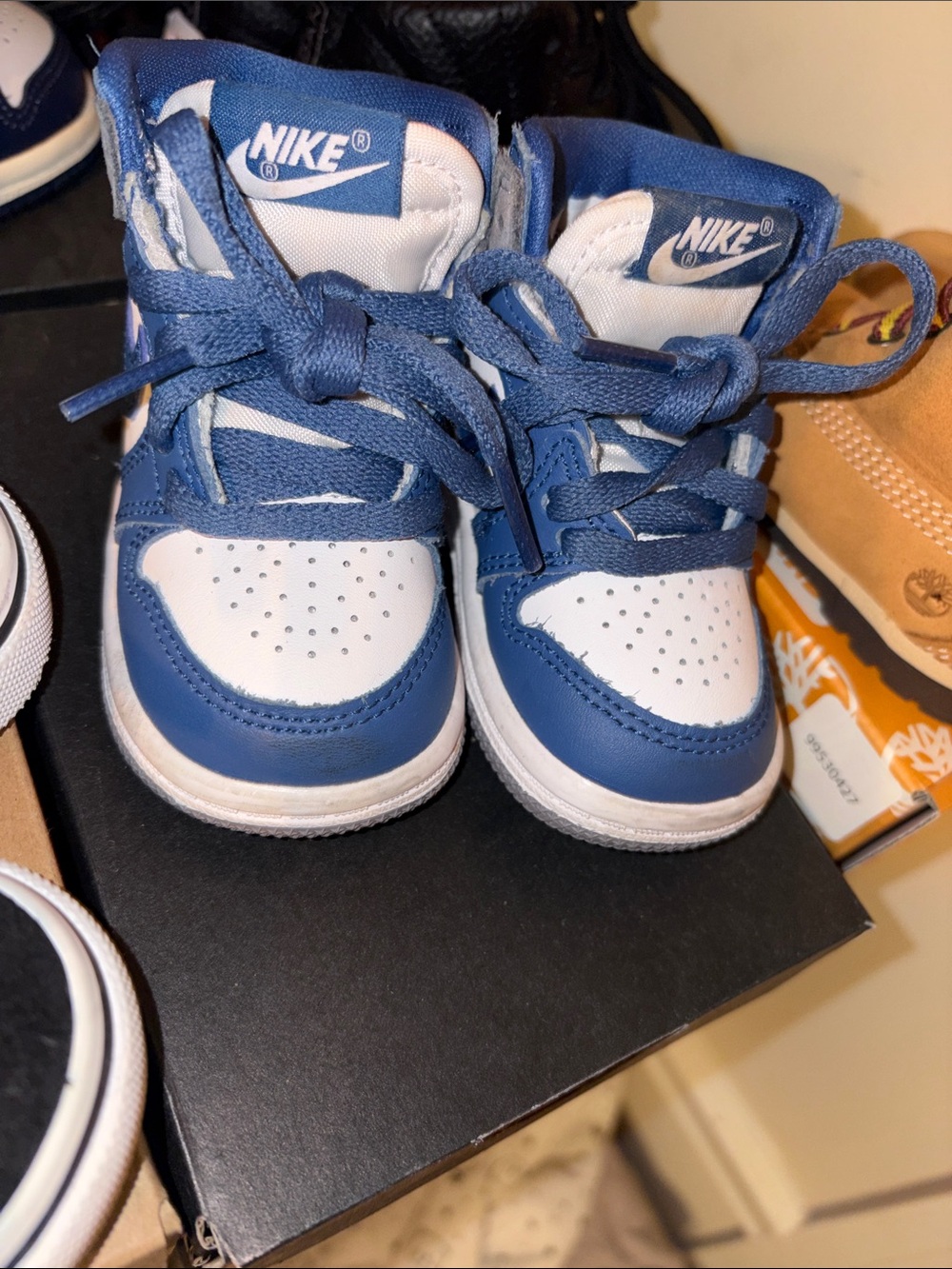 Nike Kids Navy and White High-Top Sneakers Jordan 1 blue gray and white